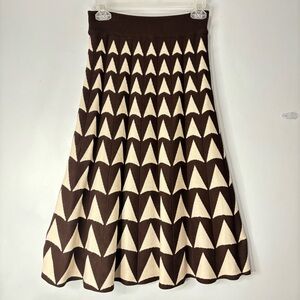Knit Warm Geometric Print High Waist Pleated Skirt Winter Below Knee Sz Small